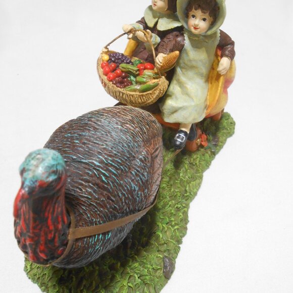 VTG RESIN FALL DECOR TURKEY PULLING PILGRIM CHILDREN IN PUMPKIN CARRIAGE 9"X51/4 - Picture 6 of 9